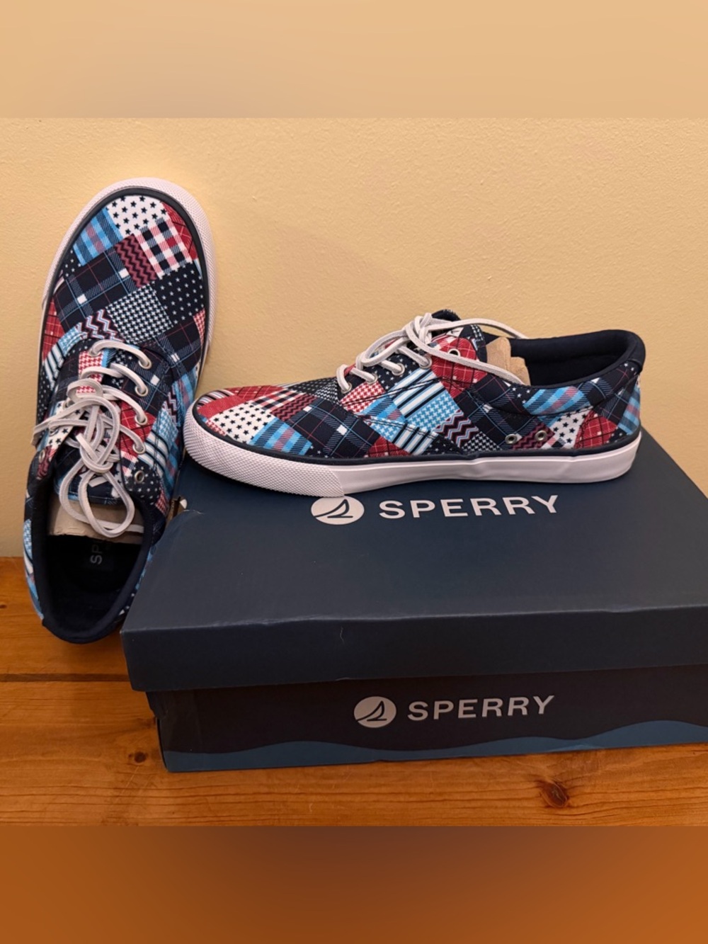 12M - Sperry Multicolor Patchwork Plaid Canvas Sneakers - Red, Blue, Navy
